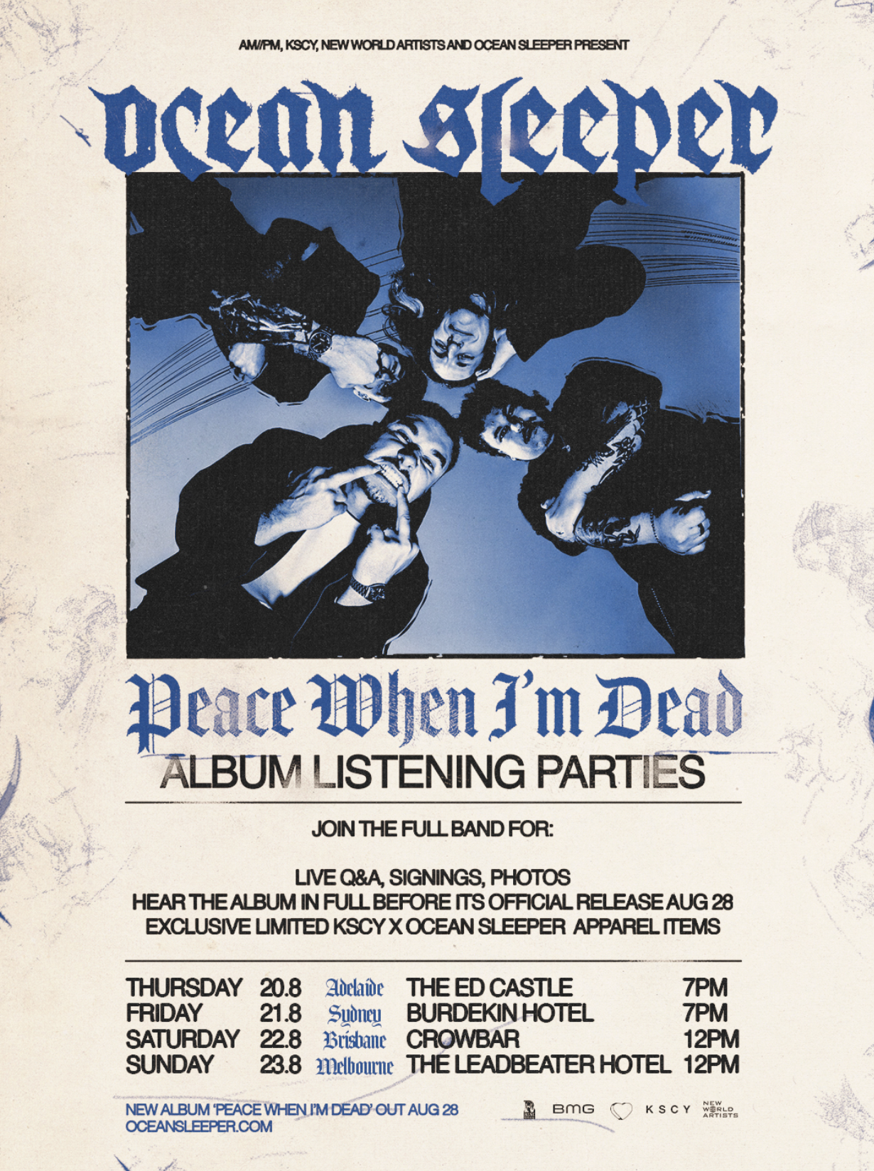 Ocean Sleeper "Peace When I'm Dead" album listening parties tour poster, announcing August dates in Adelaide, Sydney, Brisbane, and Melbourne.